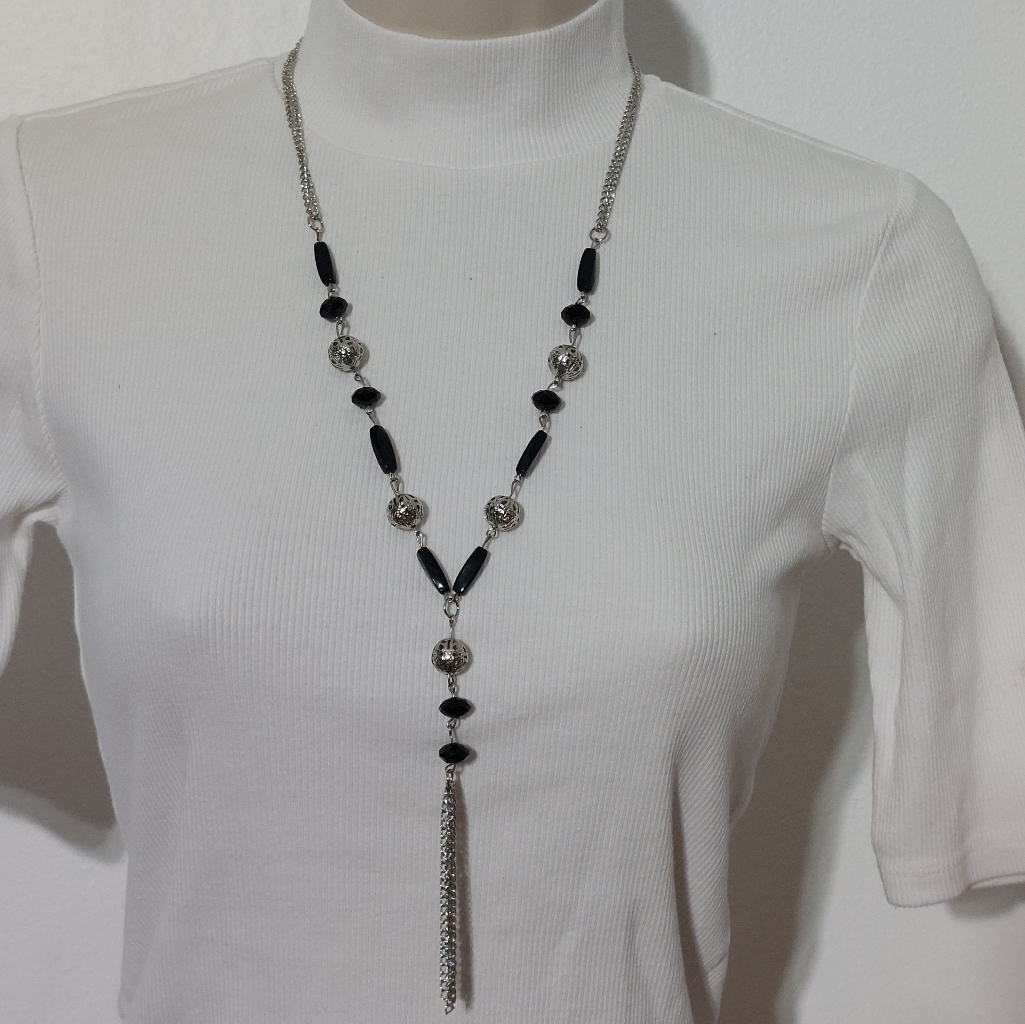 Black Silver Fringed Lariat Necklace Dainty Boho Style